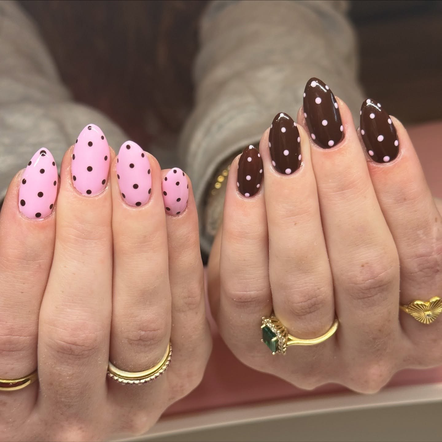 Playful Pink and Chocolate Polka Dot Almond Nails