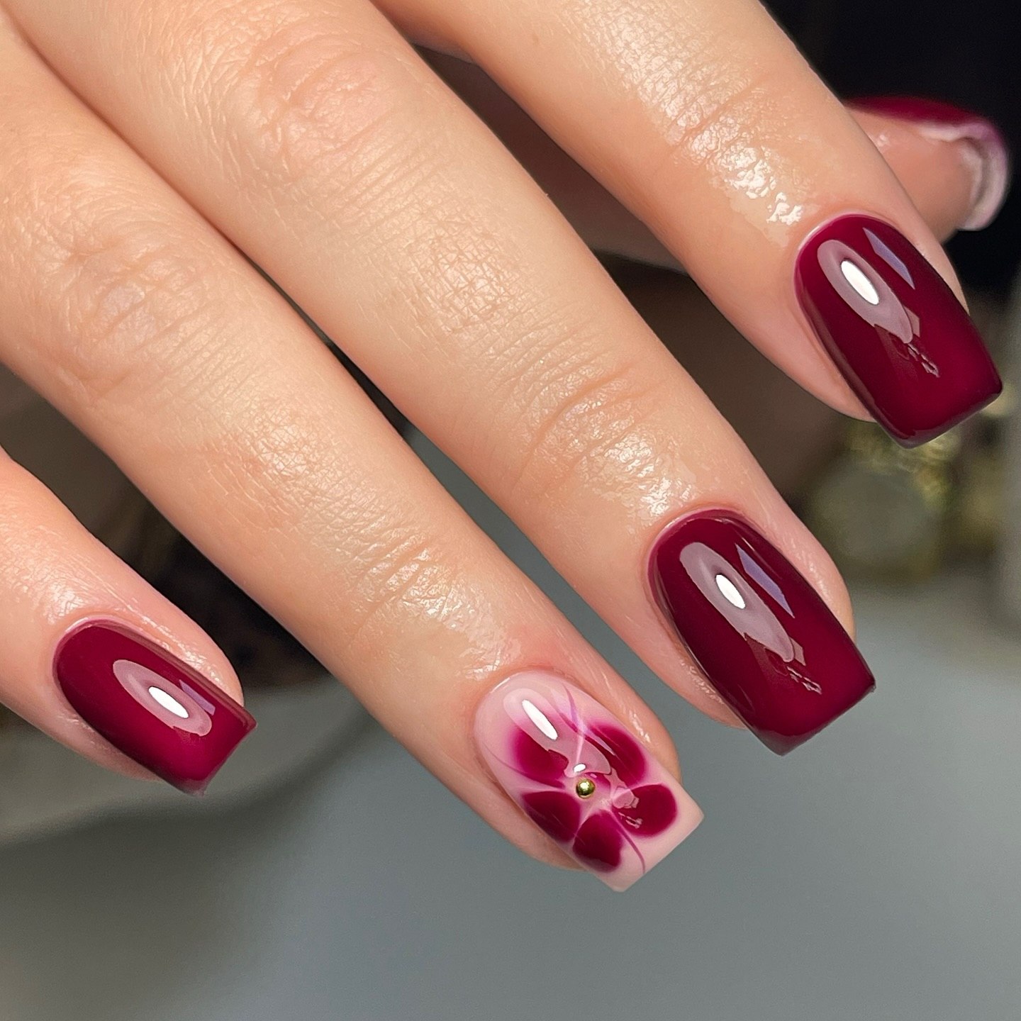 Deep Berry Floral Accent Square Nails