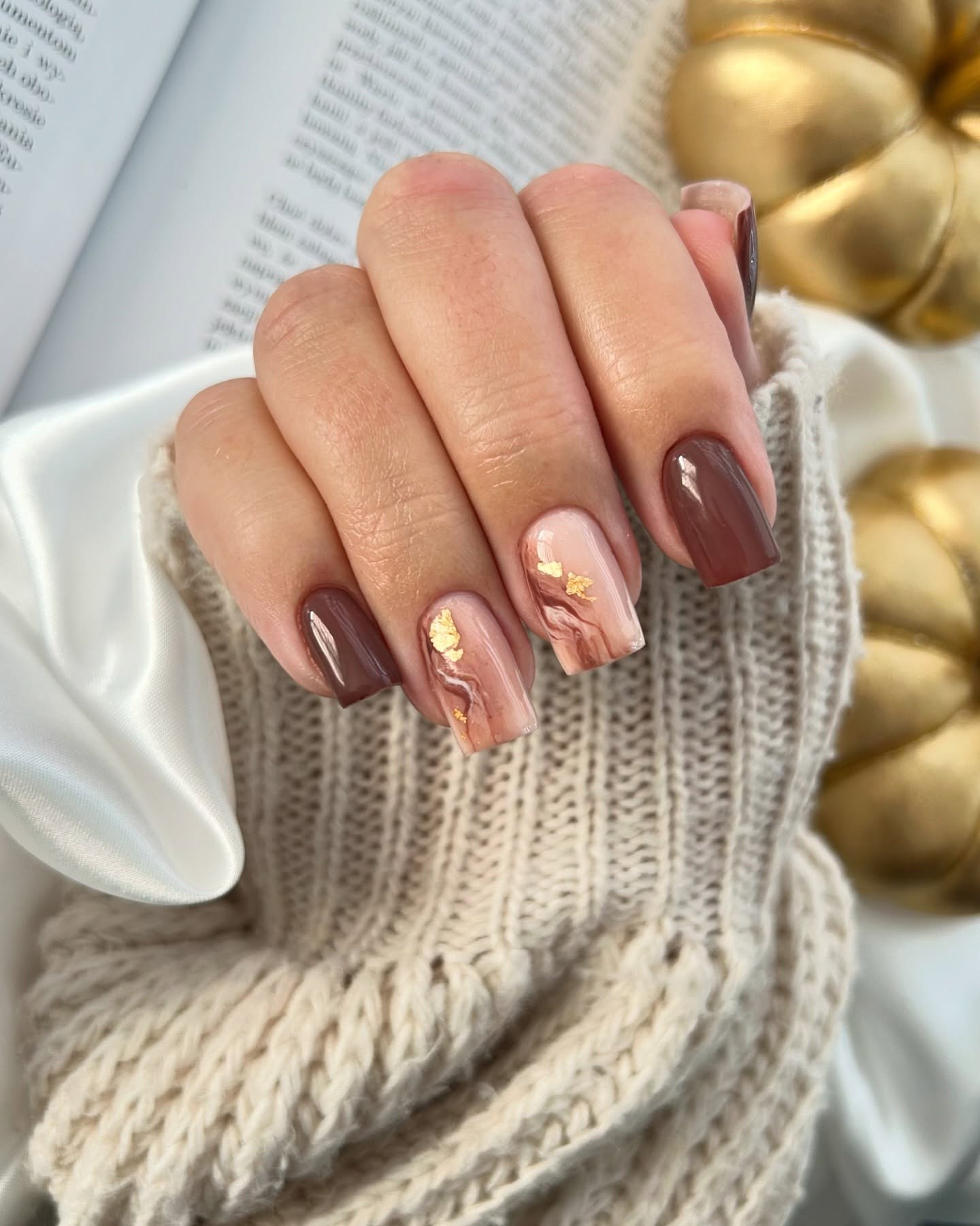 Chocolate Swirl Square Nails with Gold Foil