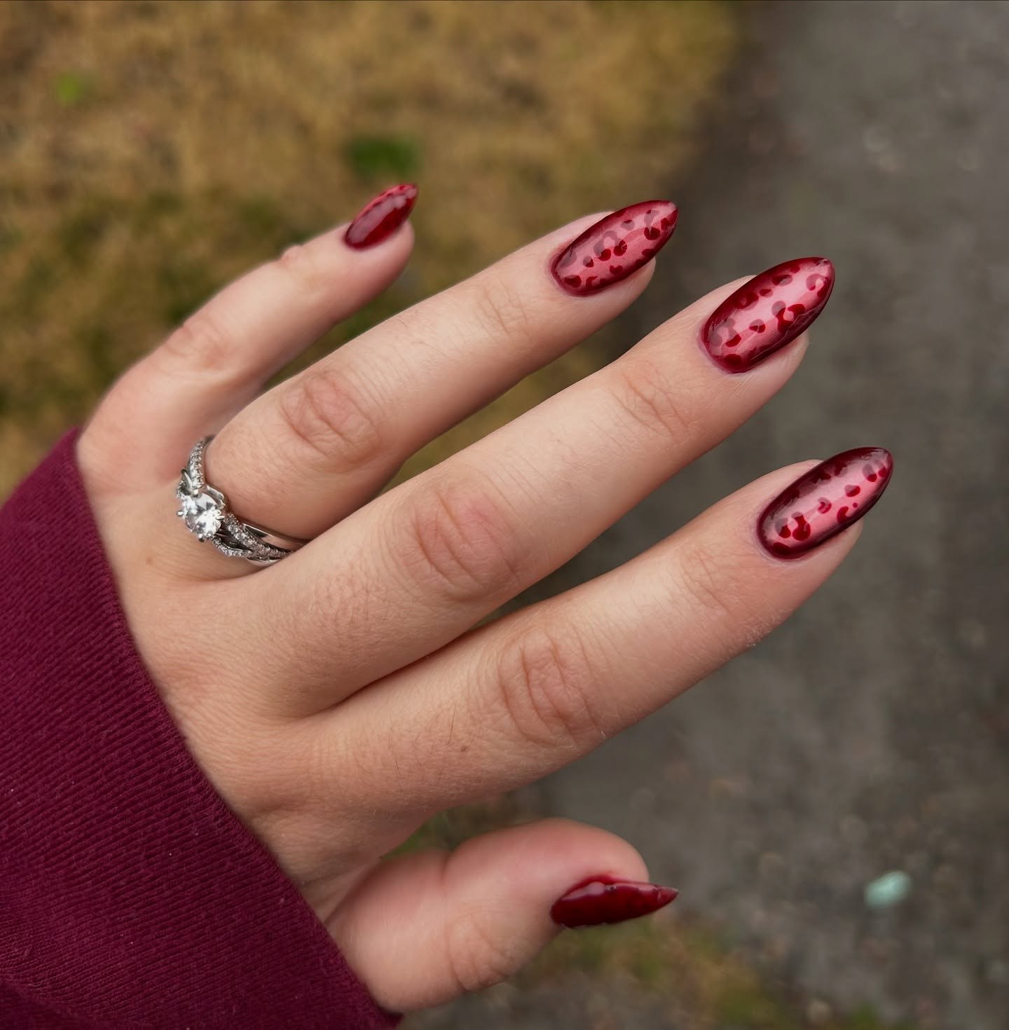 Deep Red Leopard Print Almond Nails