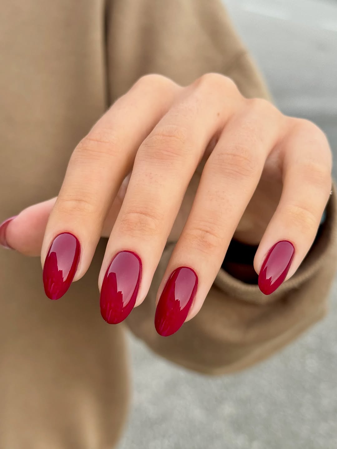 Glossy Deep Cherry Red Oval Nails