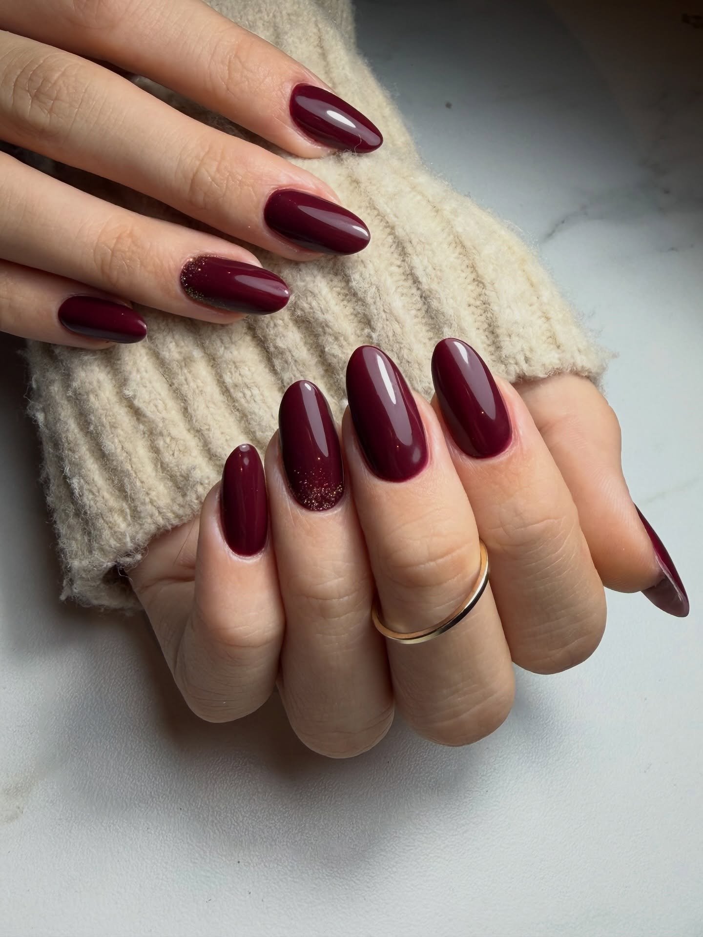 Deep Cranberry Glitter Almond Nails