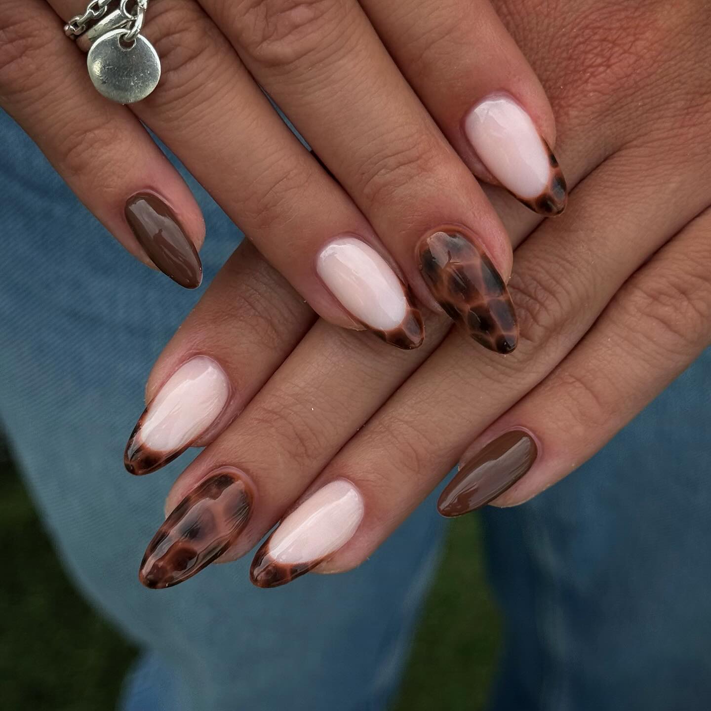 Brown Tortoiseshell Almond French Tip Nails