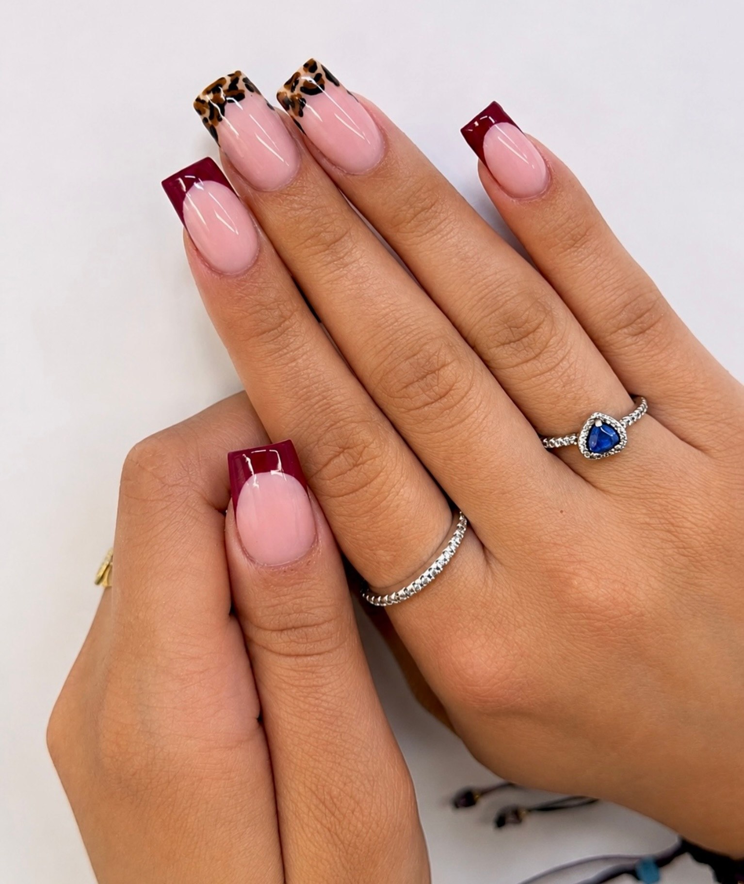 Burgundy and Leopard French Tip Square Nails
