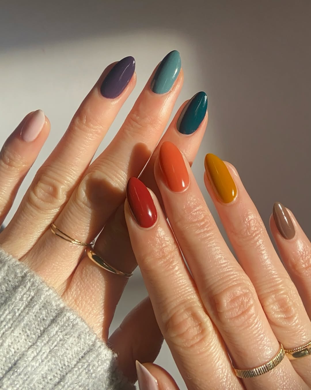 Jewel Tone Mismatched Fall Almond Nails