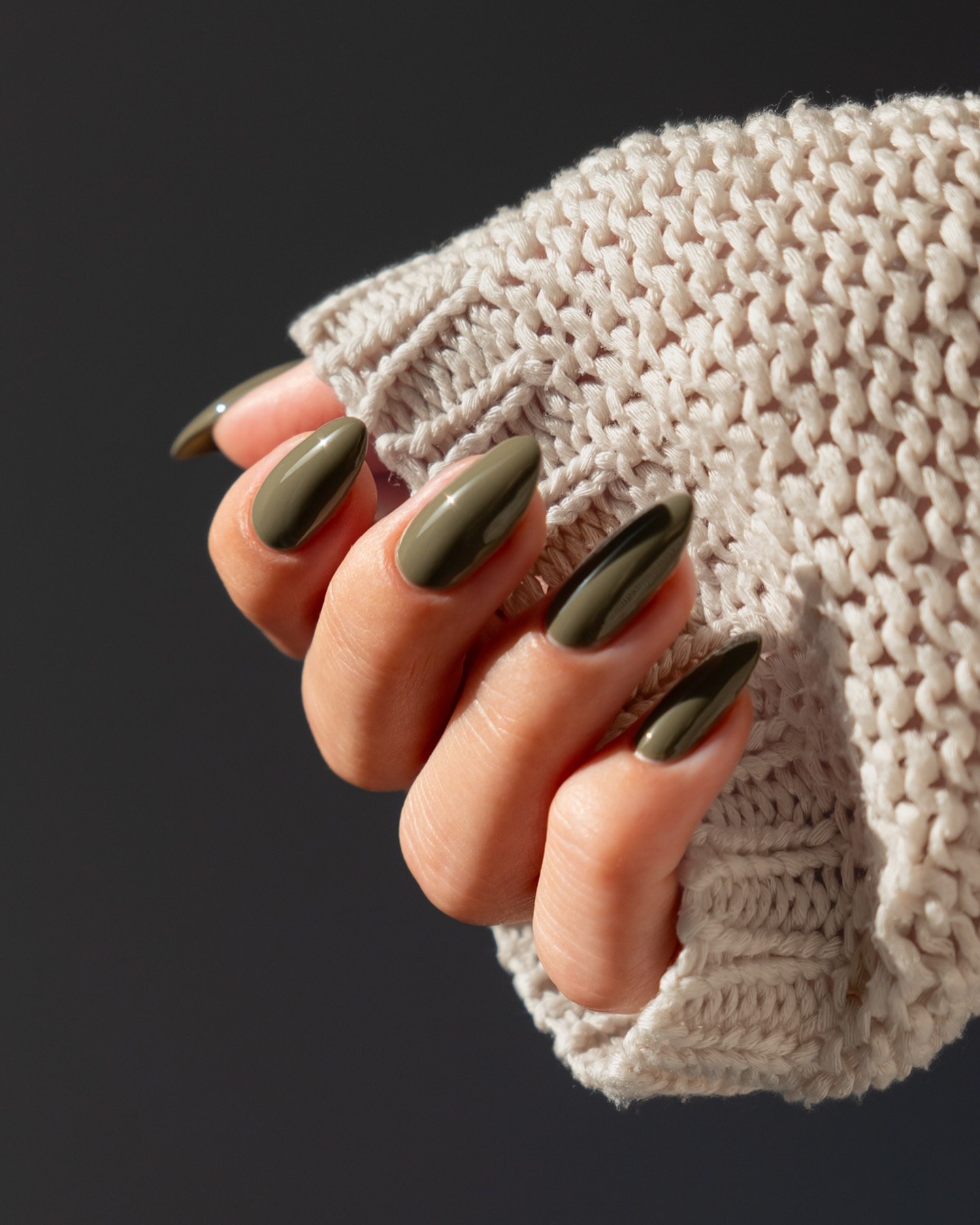 Deep Olive Green Almond Glossy Nails