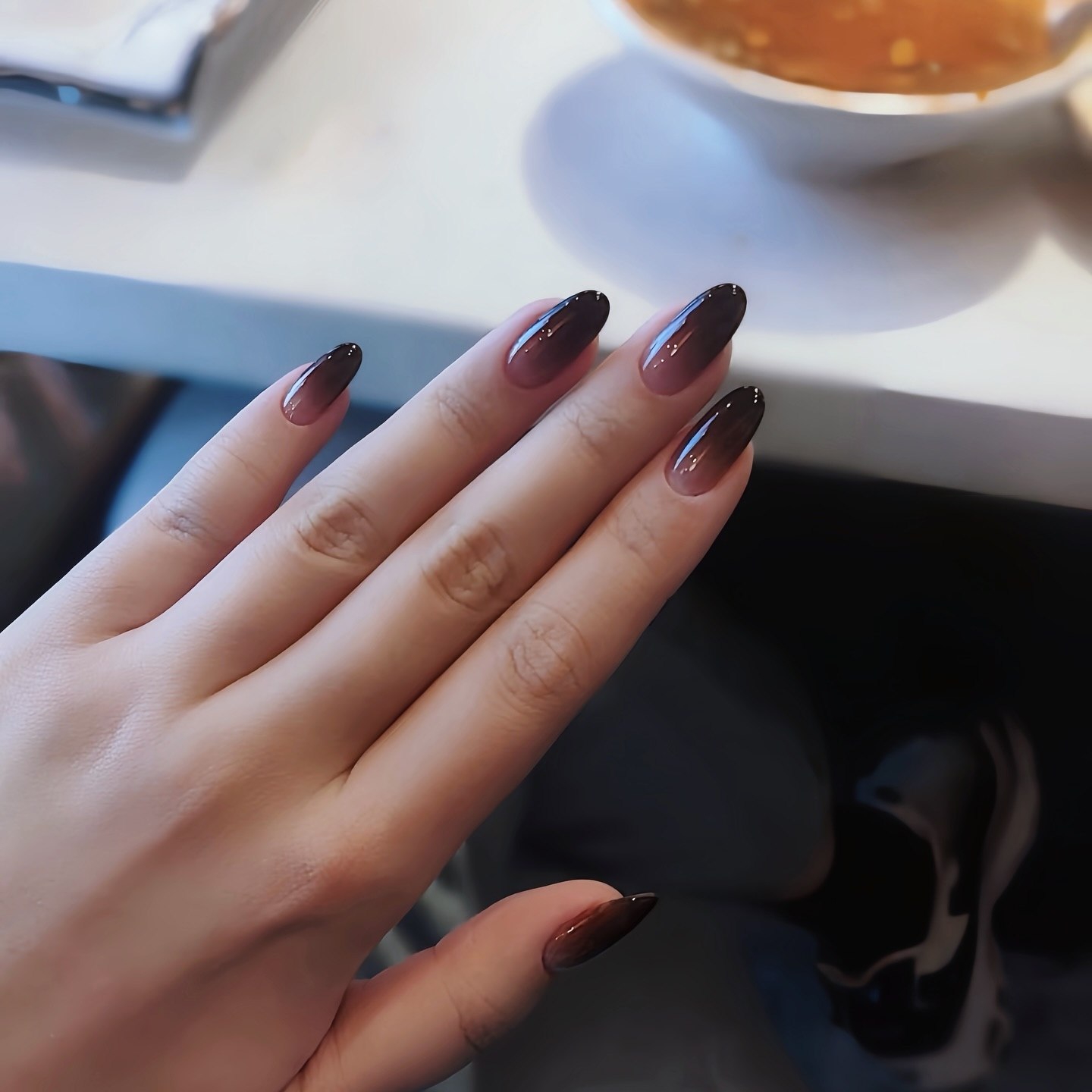 Dark Brown To Nude Ombre Almond Nails