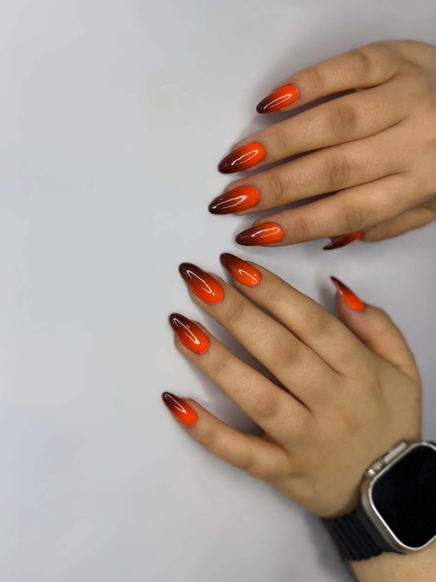 Fiery Sunset Ombre Almond Nails