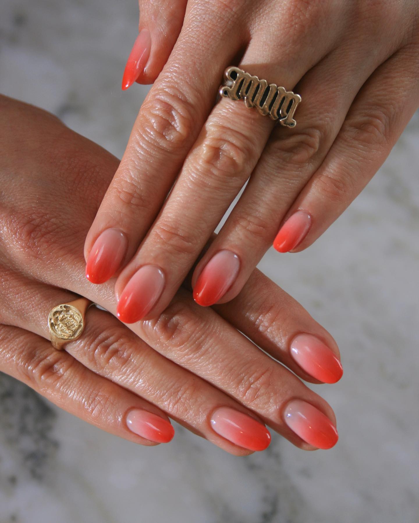 Vibrant Coral and Cream Ombre Oval Nails