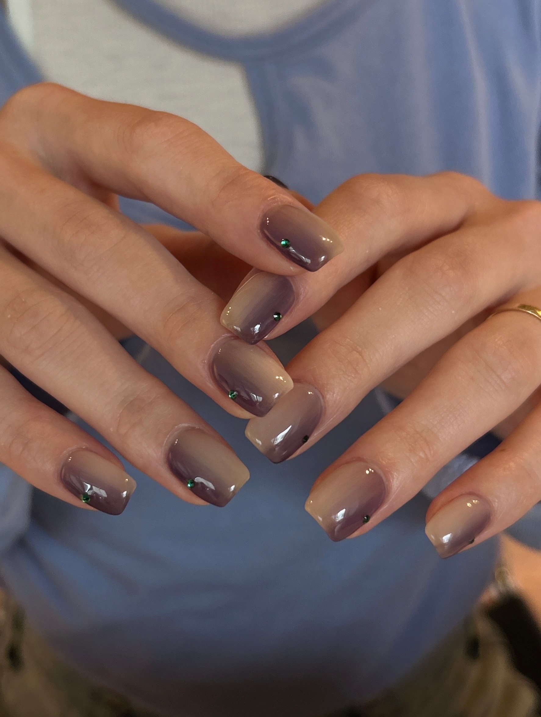 Muted Purple Taupe Ombre Square Nails with Crystals