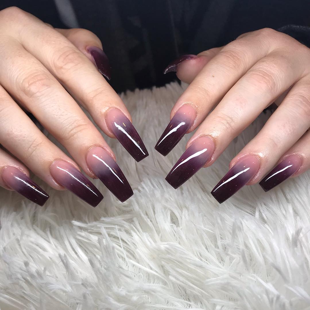 Deep Plum Ombre Glossy Coffin Nails