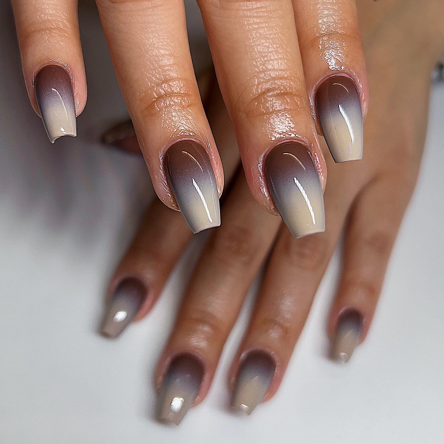Glossy Taupe and Beige Ombre Coffin Nails