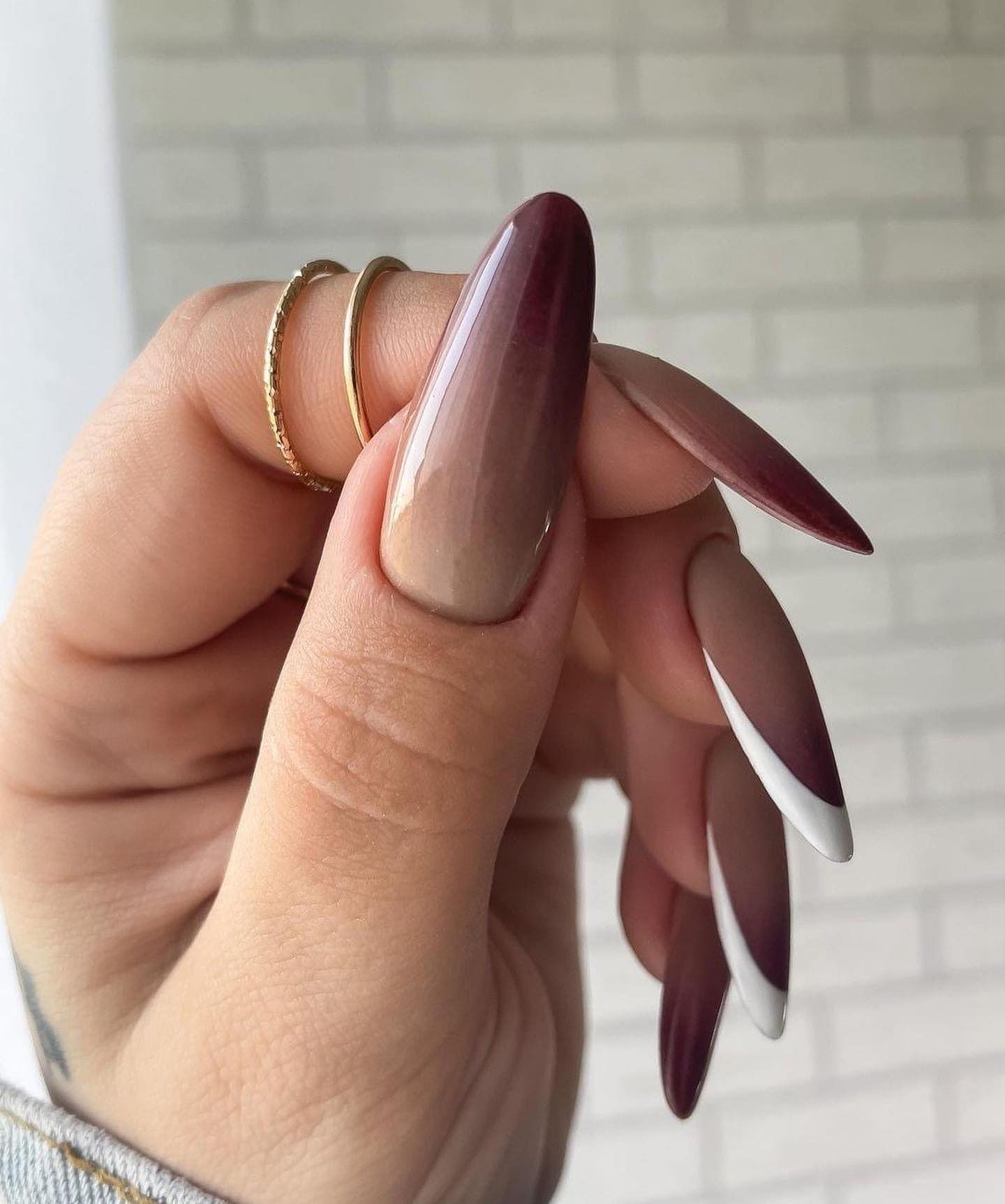 Deep Burgundy Nude Ombre Almond French