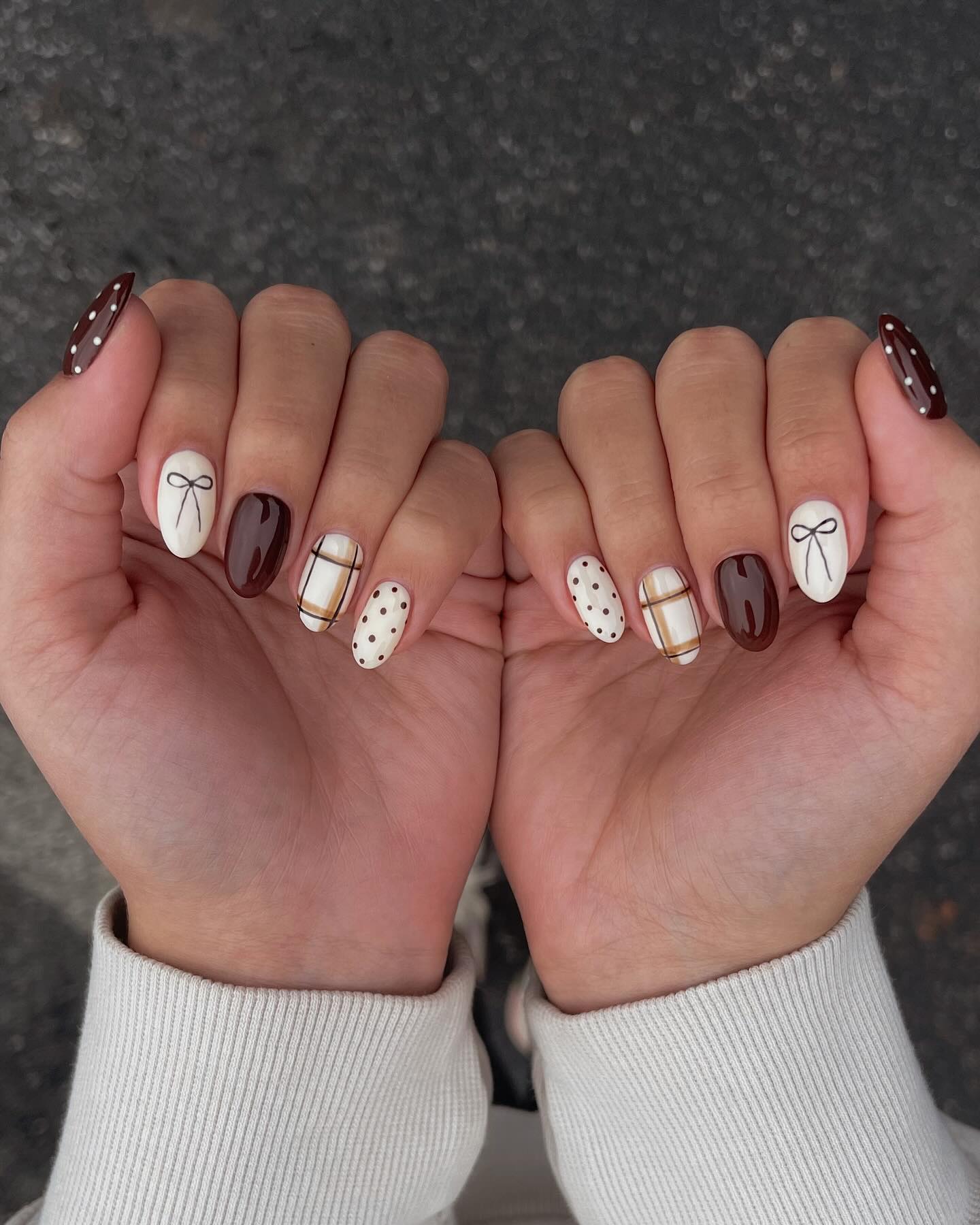 Cozy Brown Plaid and Polka Dot Almond Nails