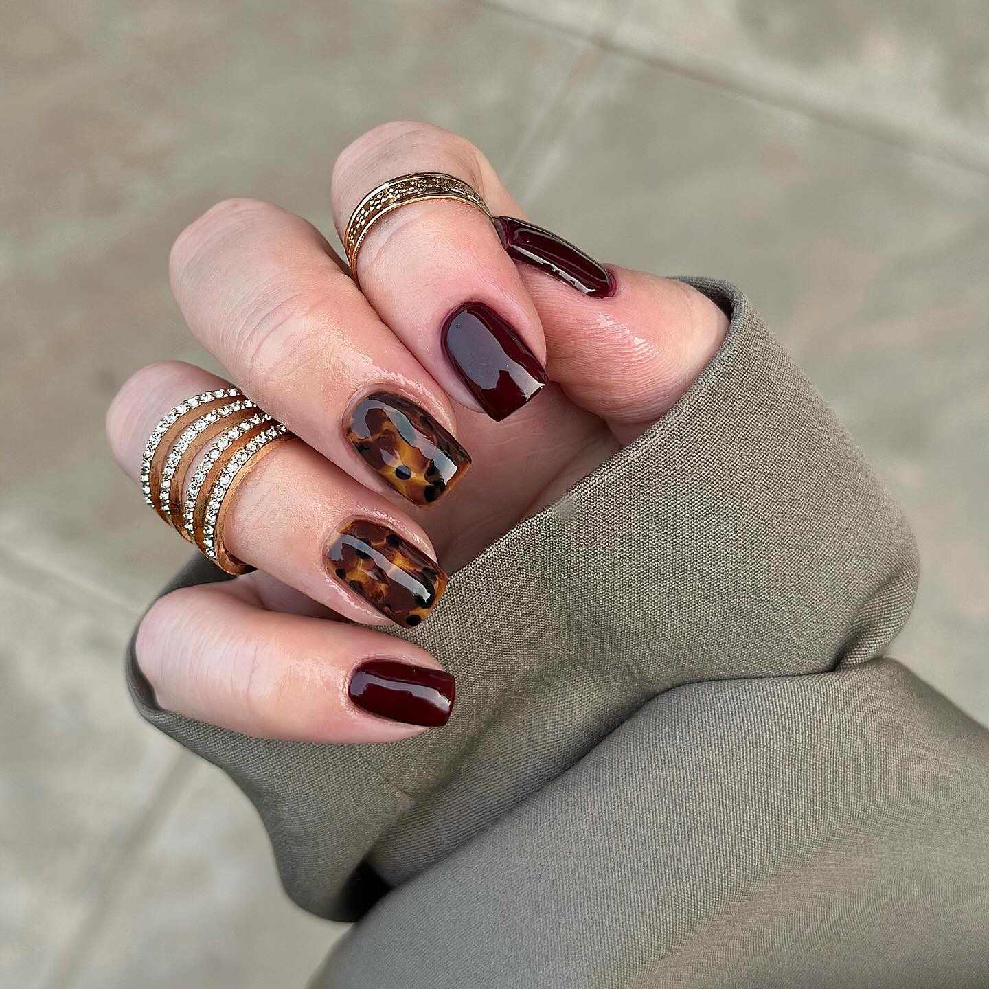 Tortoiseshell and Deep Cherry Red Square Nails