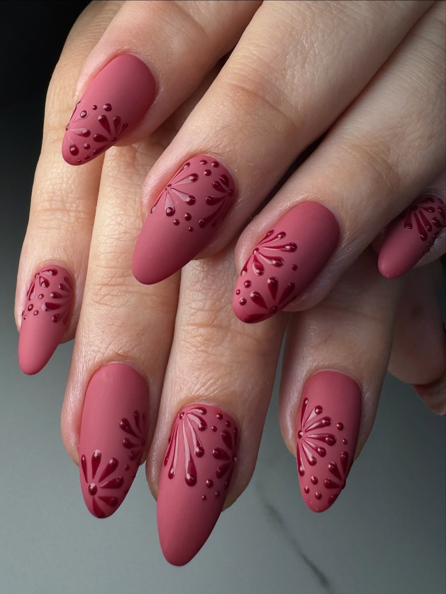 Matte Dusty Rose with Deep Red Embossed Flower Art