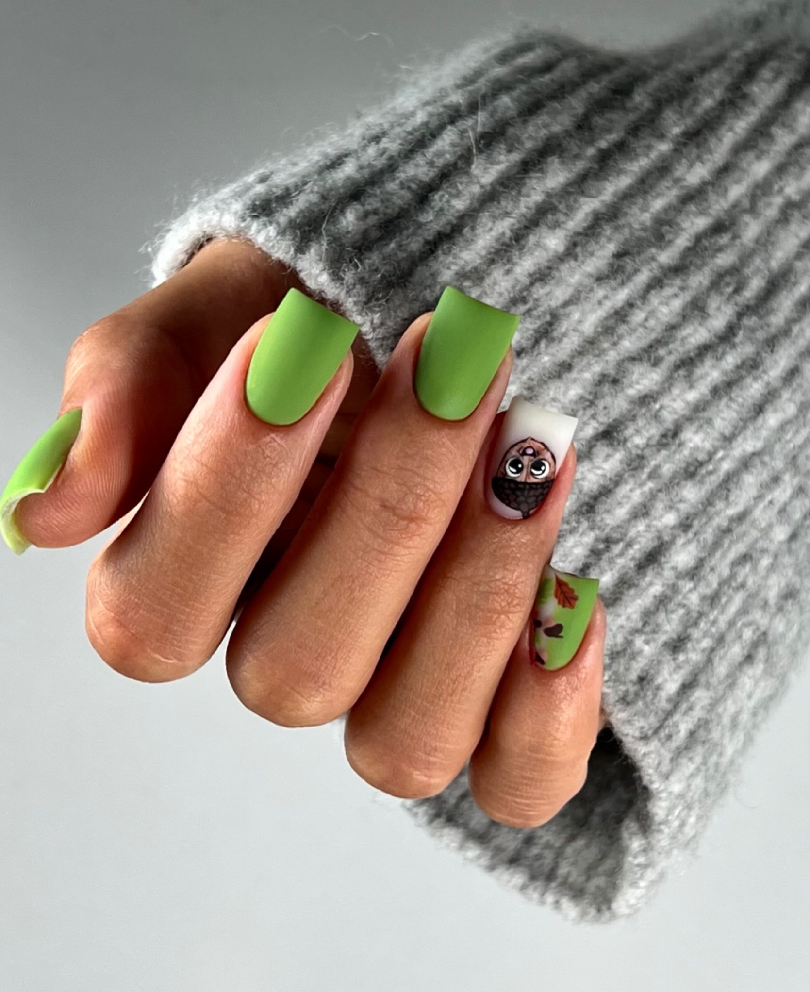 Matte Green Cute Owl Fall Nails
