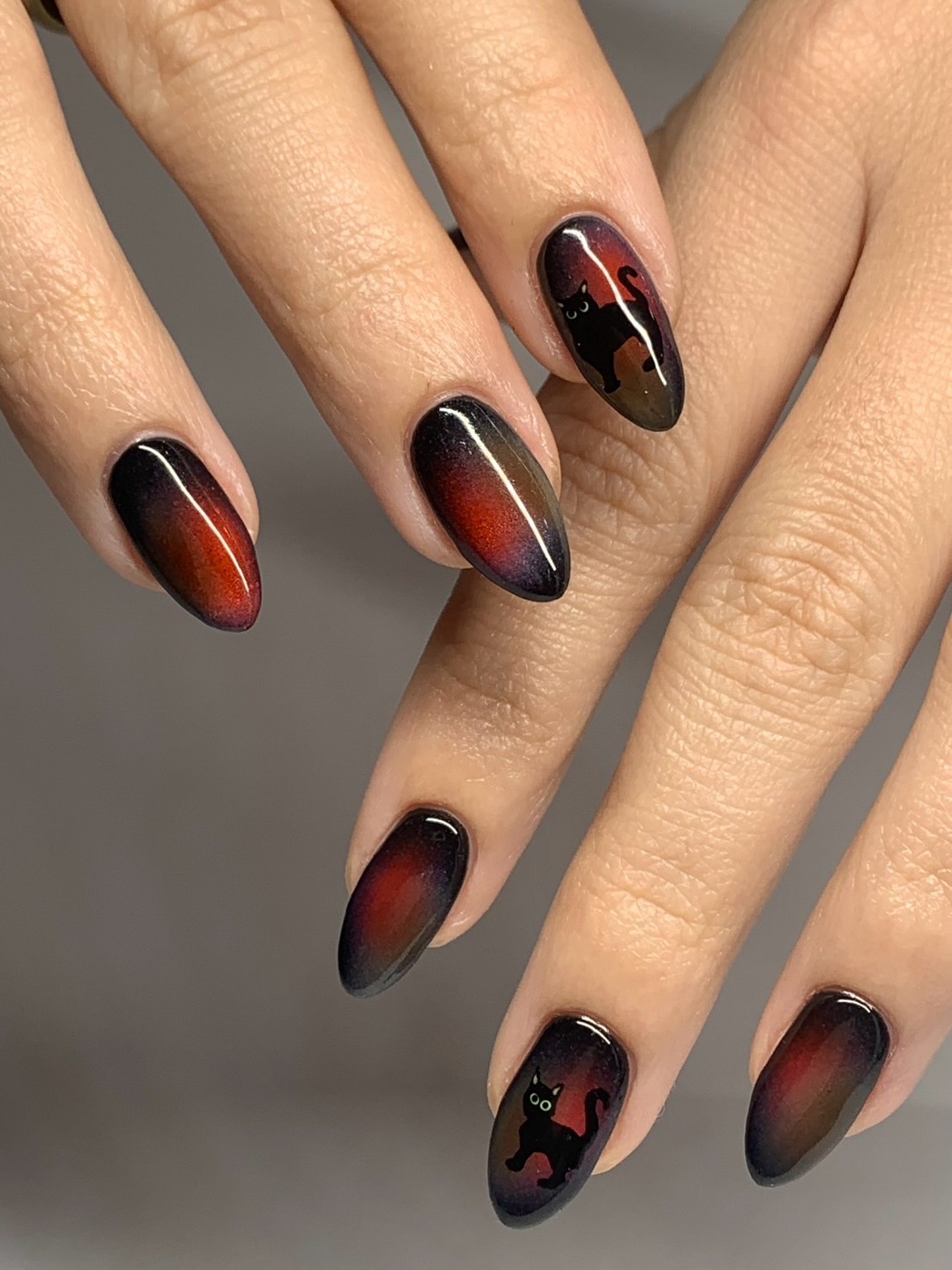 Halloween Black Cat Ombre Oval Nails
