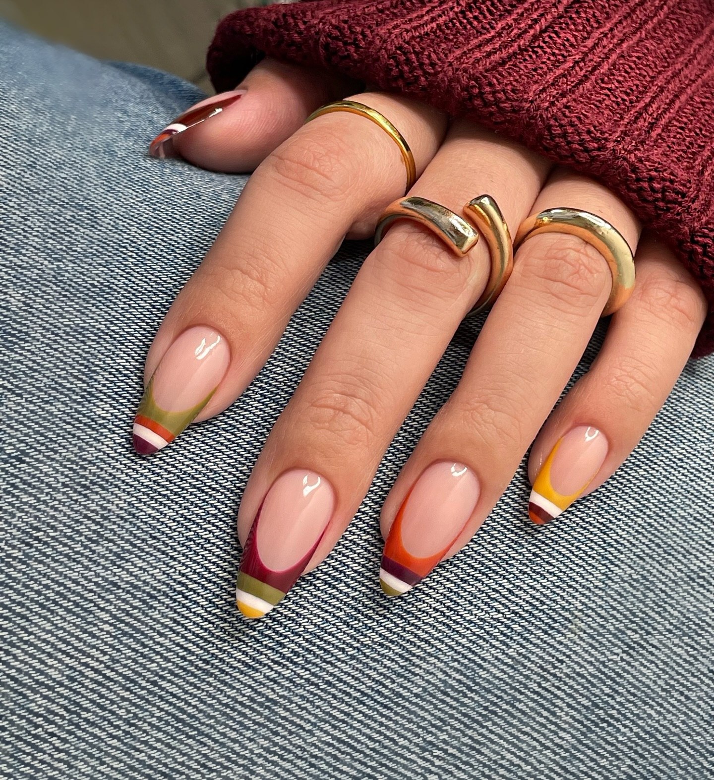 Retro Striped French Tip Almond Nails