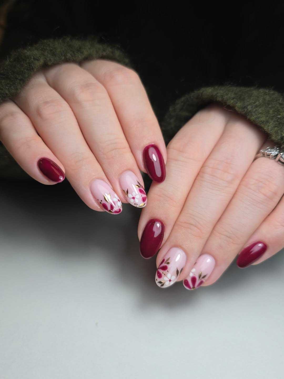 Deep Berry Floral Almond Nails with Gold Accents