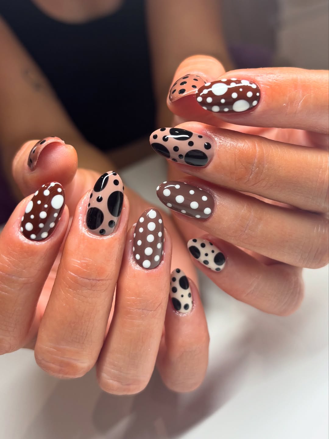 Brown, Black, and White Polka Dot Almond Nails