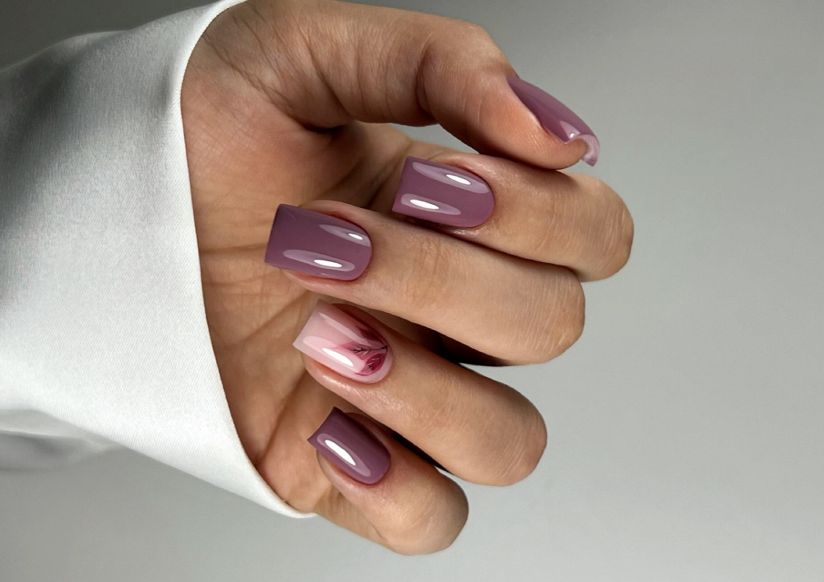 Mauve Blossom Square Nails with Pink Swirl Art