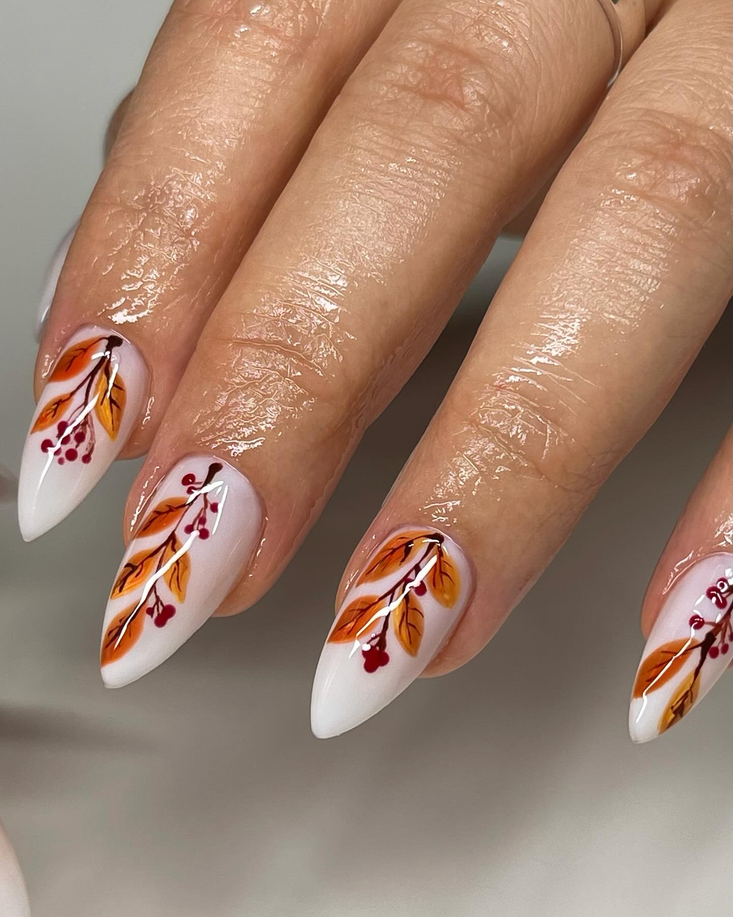 Autumn Leaf Berry Almond Stiletto Nails