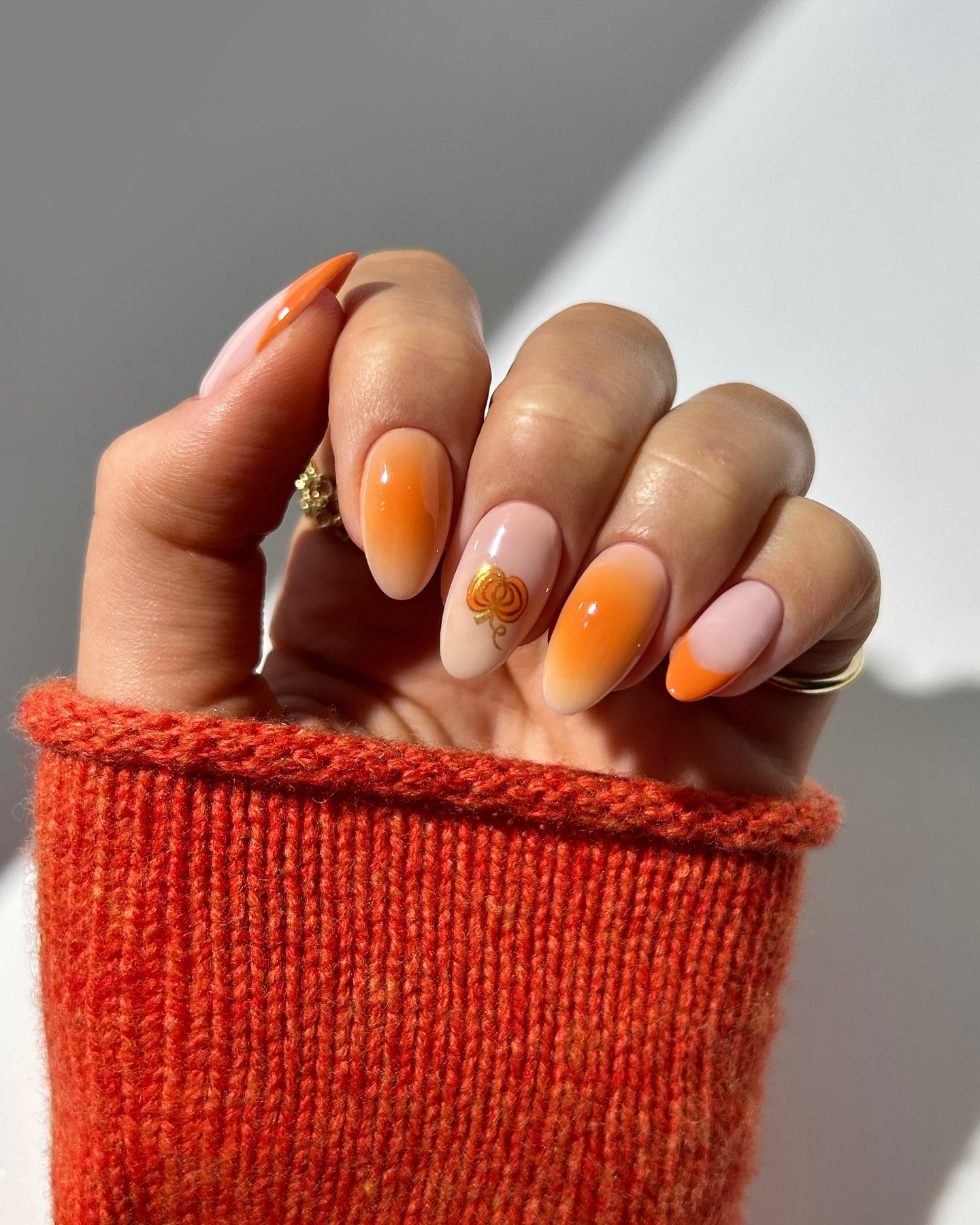 Gradient Pumpkin French Tip Almond Nails
