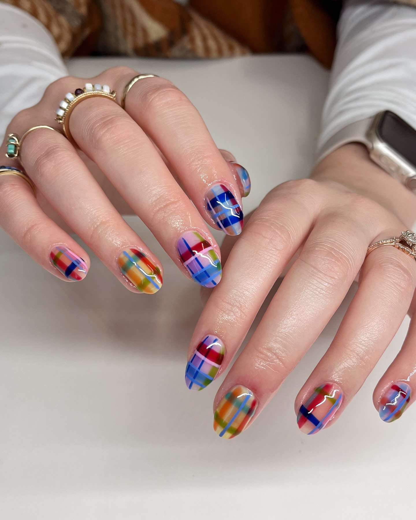 Multicolor Plaid Gel Nails with Glossy Finish