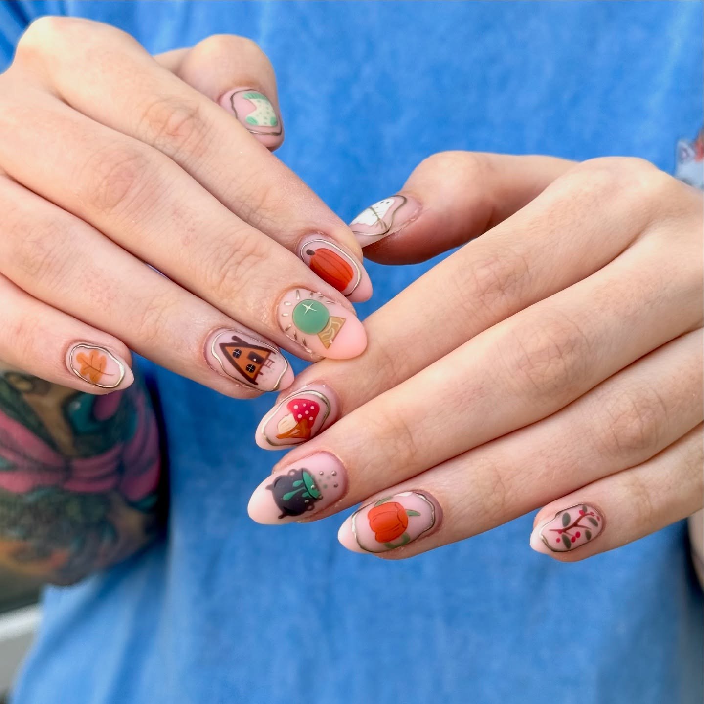 Whimsical Fall Character Almond Nails