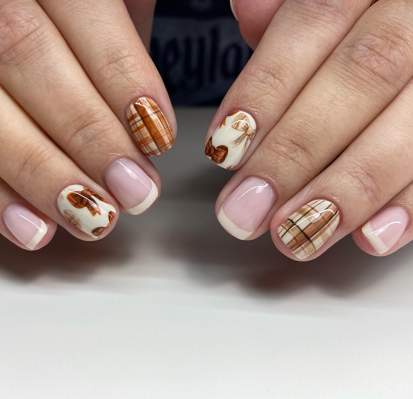 Cozy Plaid and Bow Accent French Tips