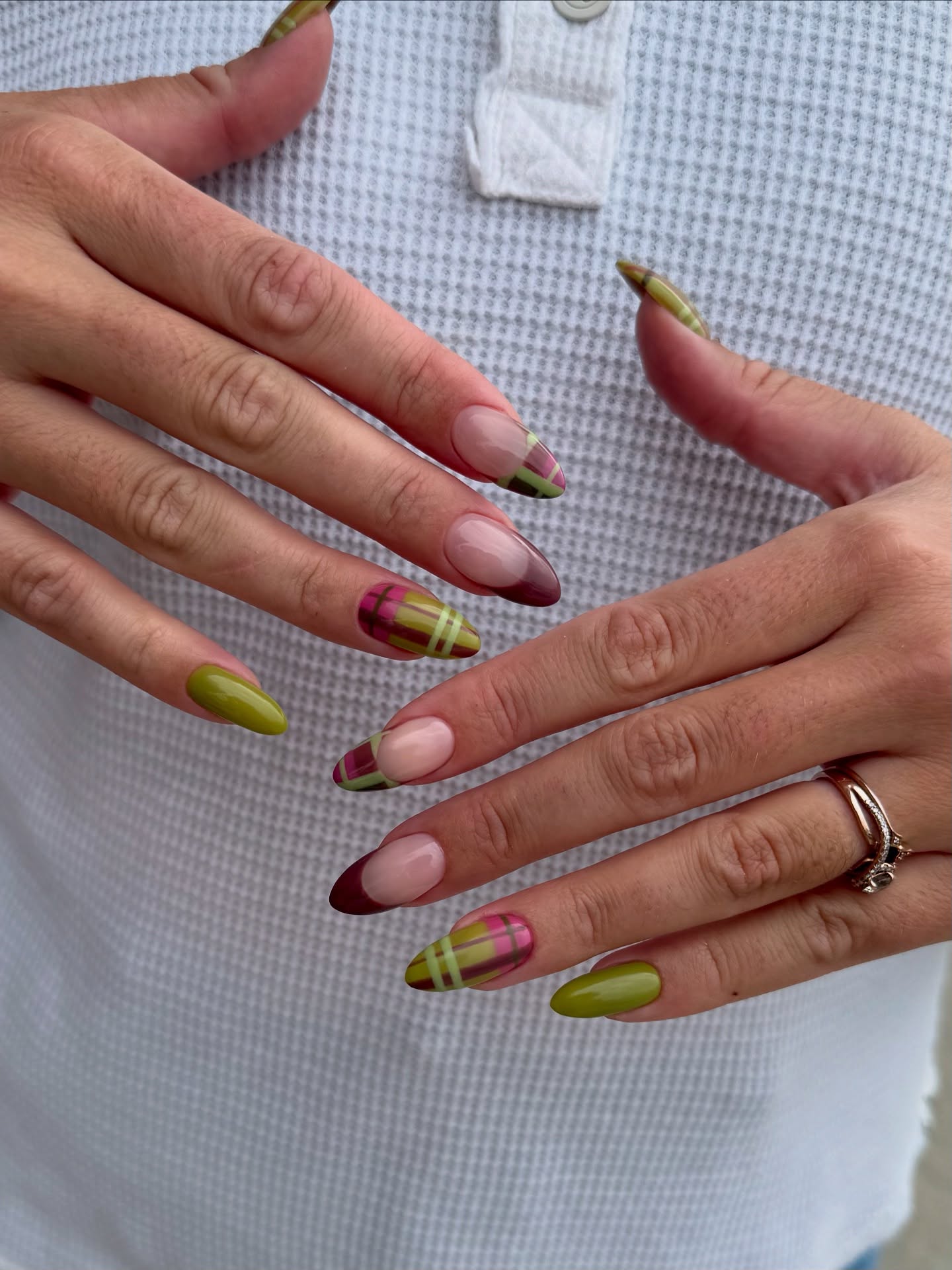 Olive Green & Plaid French Tip Almond Nails