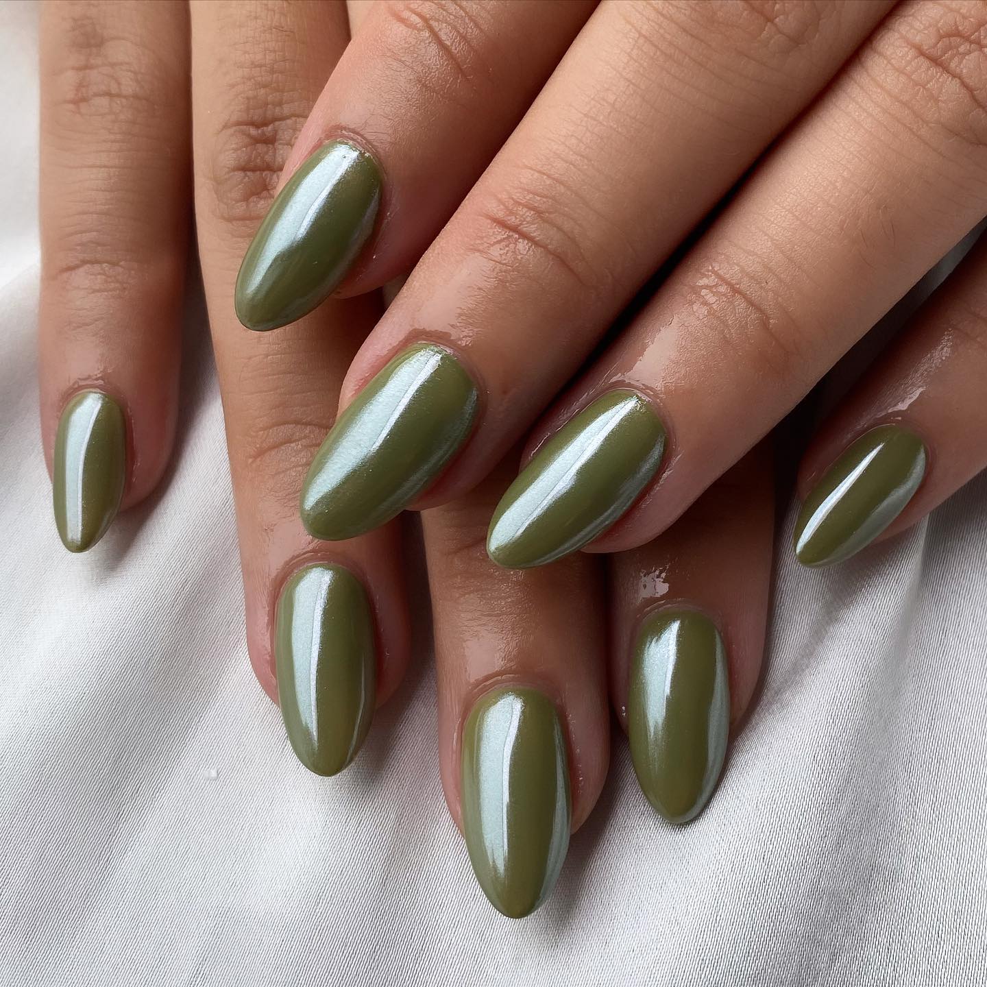 Olive Green Chrome Oval Nails