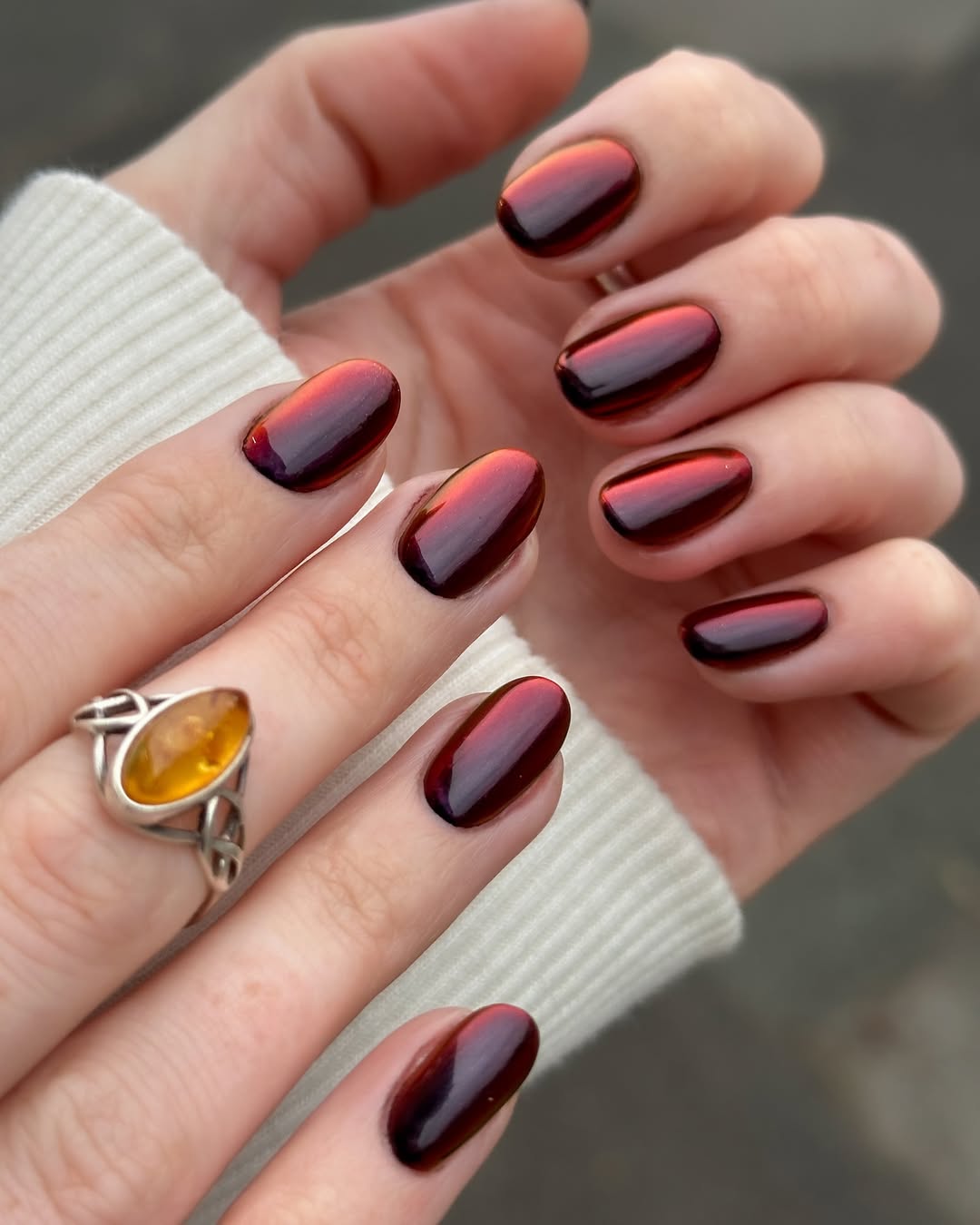 Deep Burgundy Red Ombre Chrome Oval Nails
