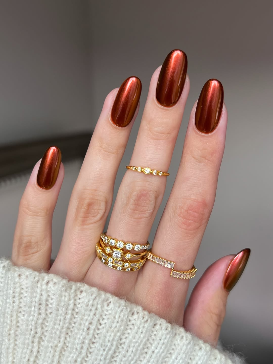 Rich Copper Metallic Almond Chrome Nails
