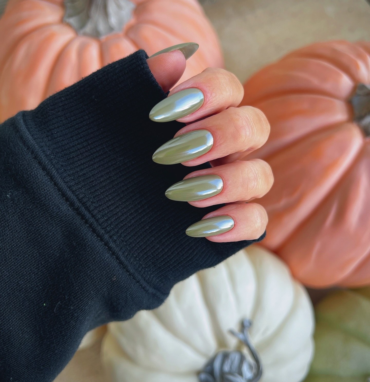 Olive Green Chrome Almond Nails