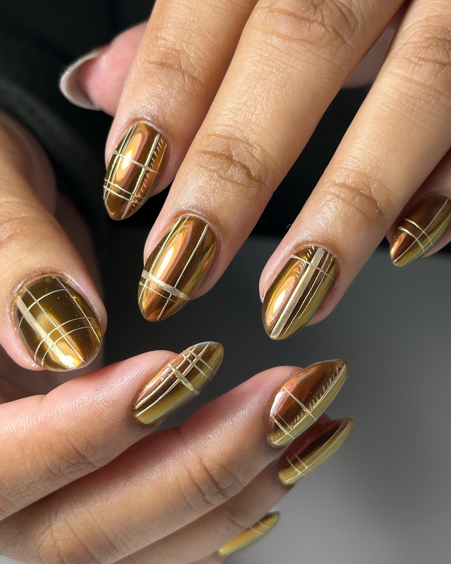 Bronze Plaid Chrome Almond Nails