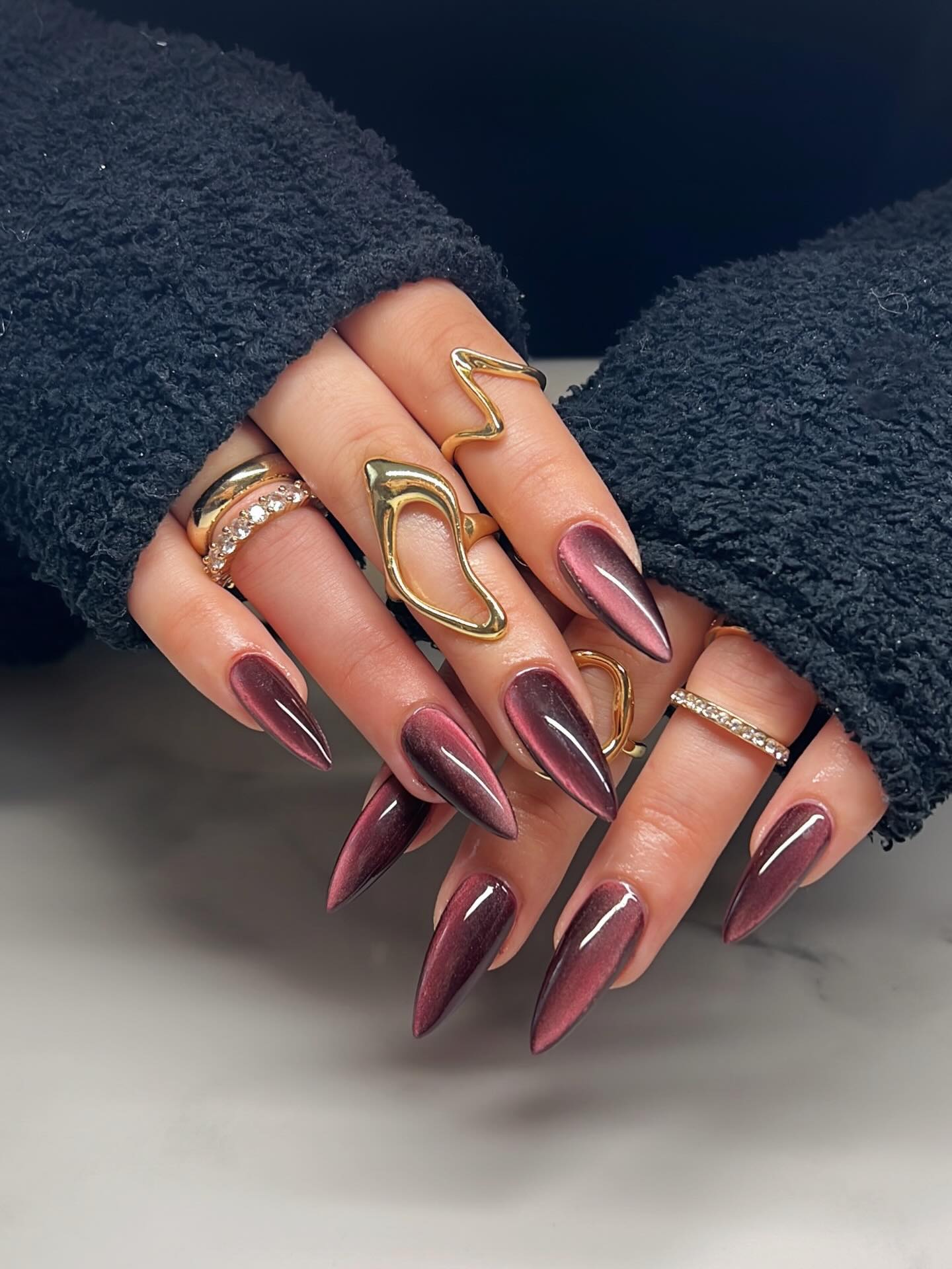 Deep Berry Cat Eye Stiletto Nails