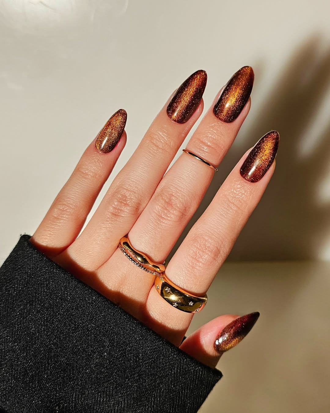 Copper Cat Eye Chrome Almond Nails