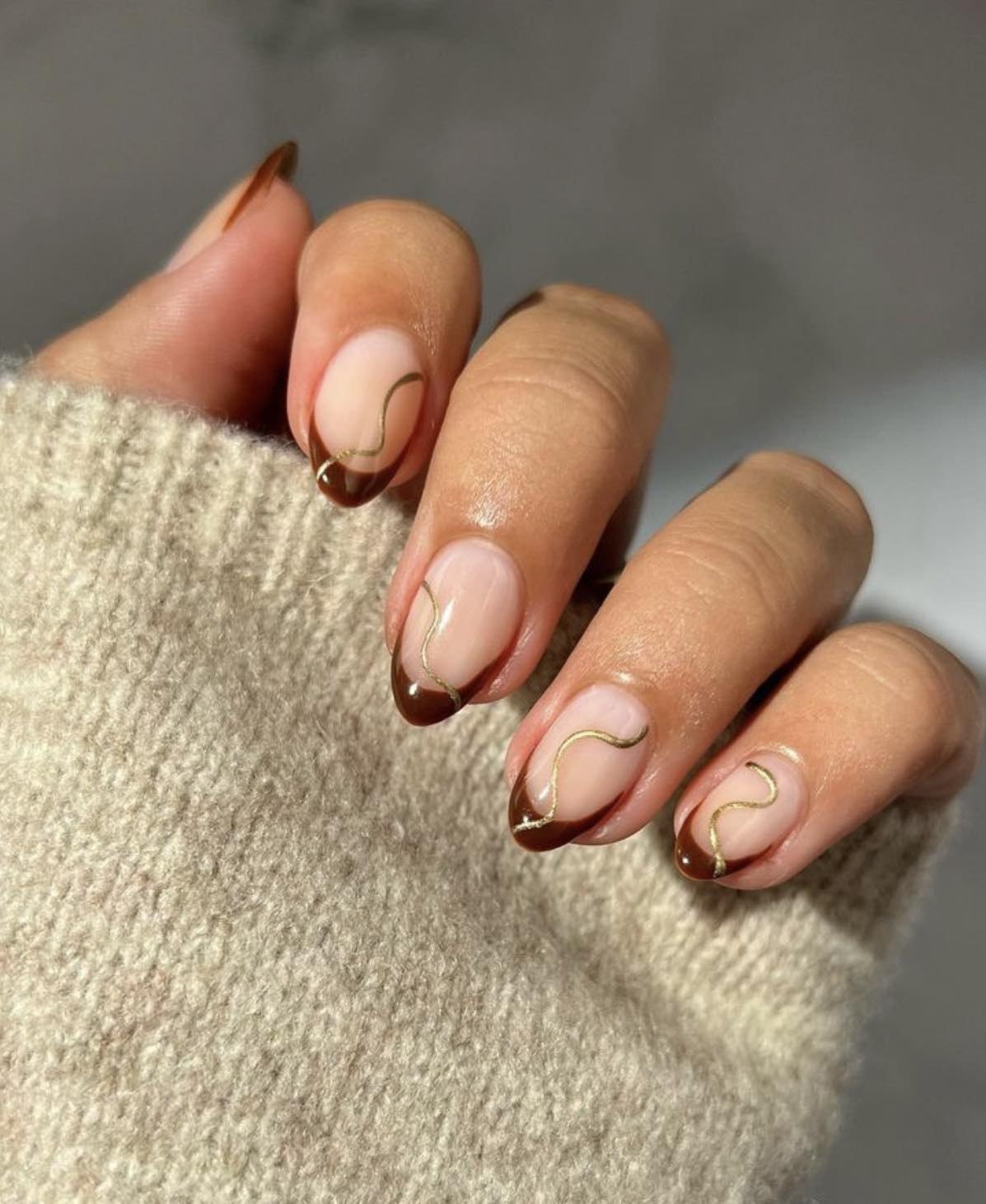 Chocolate Swirl French Tip Almond Nails