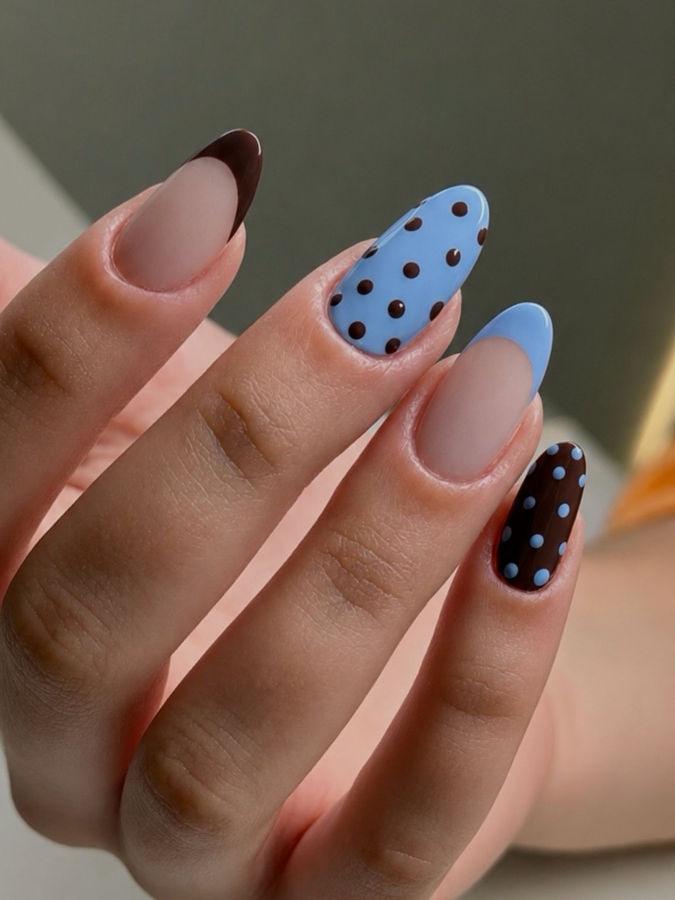 Brown Polka Dot French Almond Nails