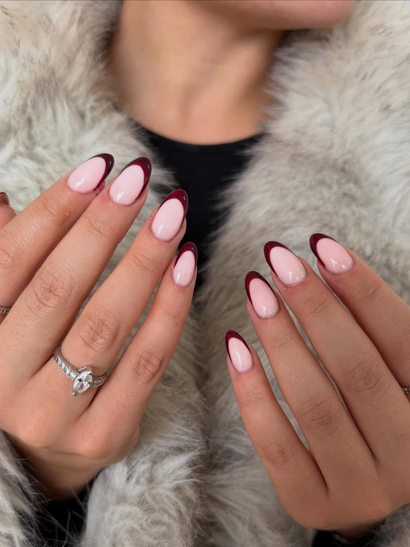 Deep Burgundy Outline French Almond Nails