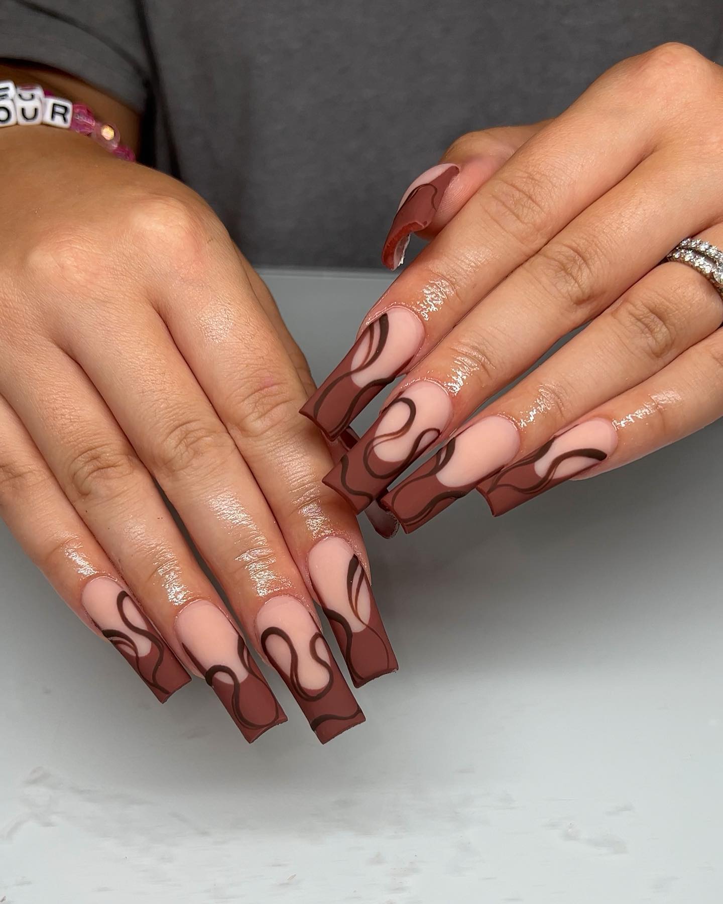 Brown Swirl Matte French Tips