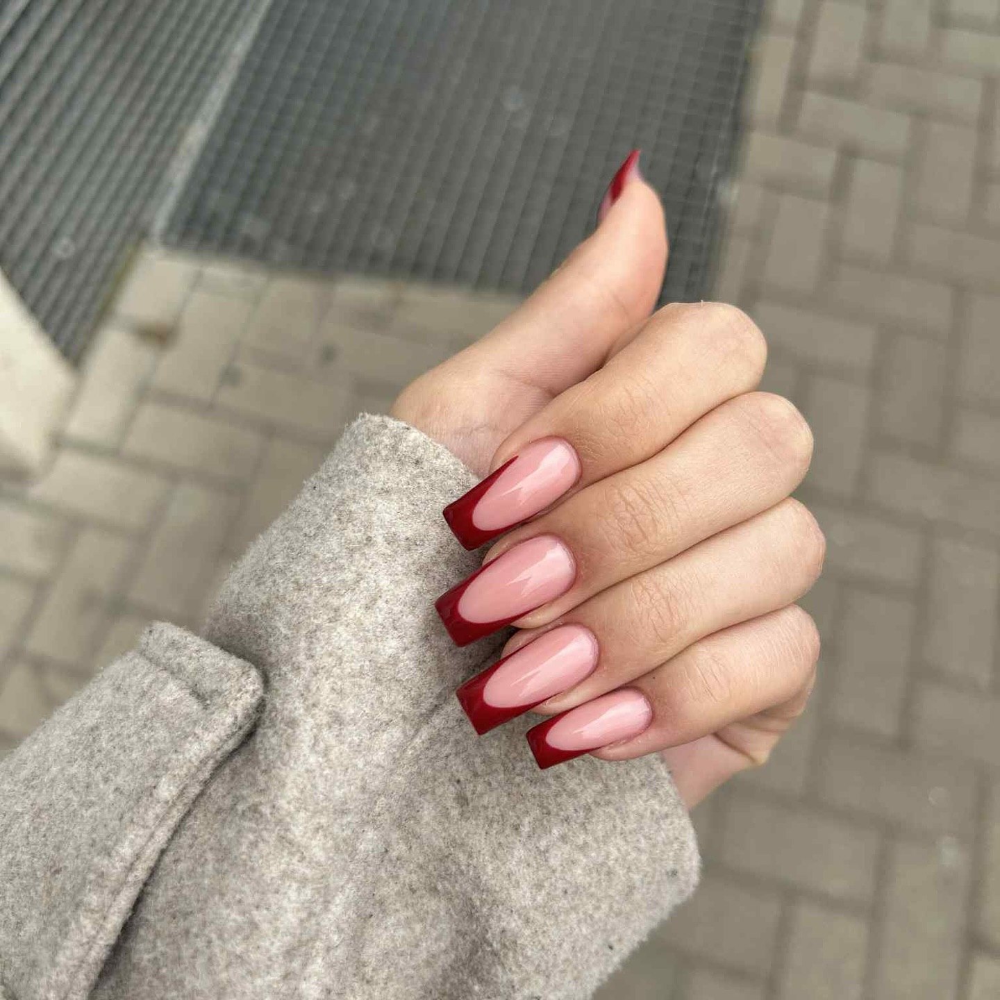 Deep Red French Tip Coffin Nails