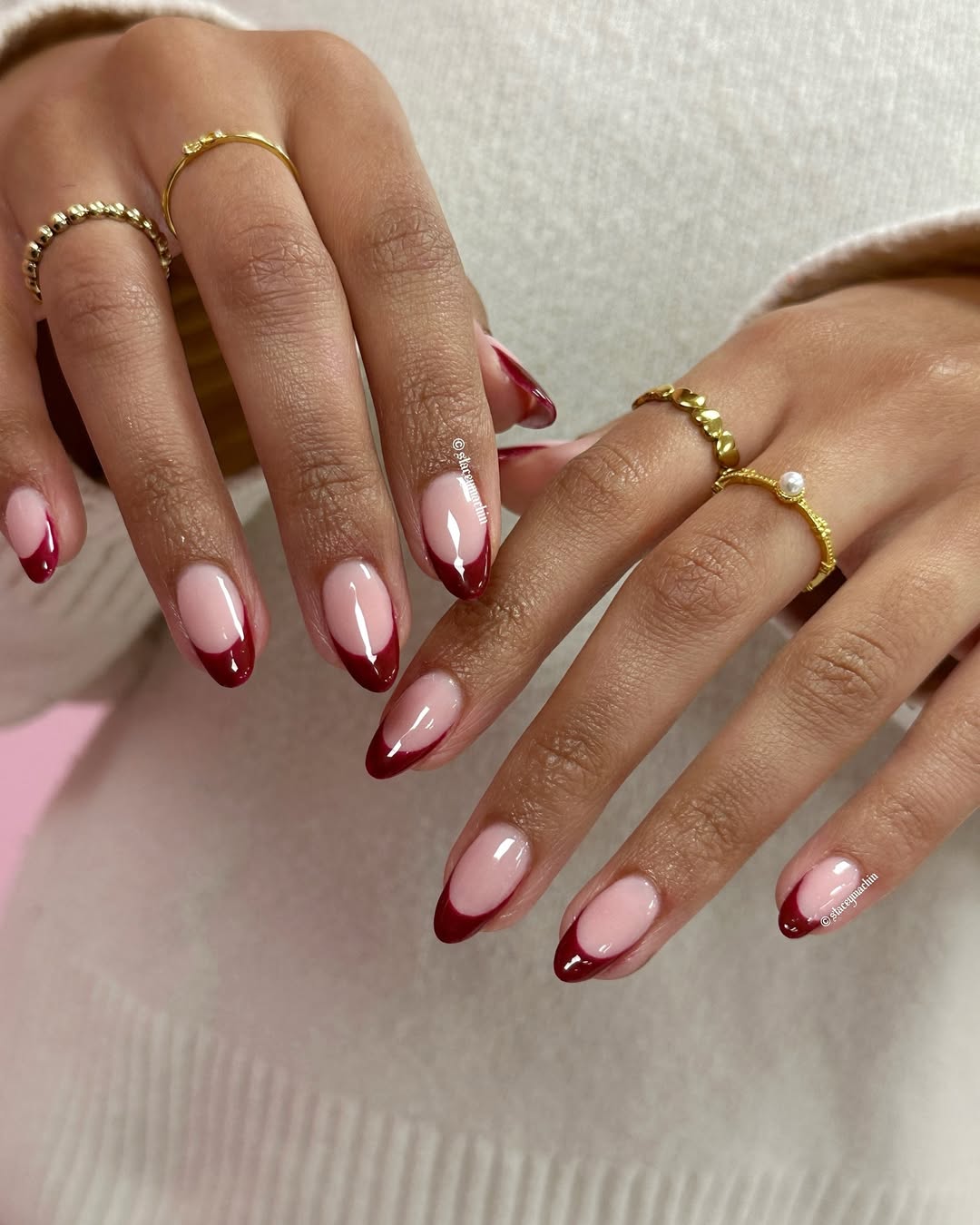 Rich Burgundy Deep French Tip Almond Nails