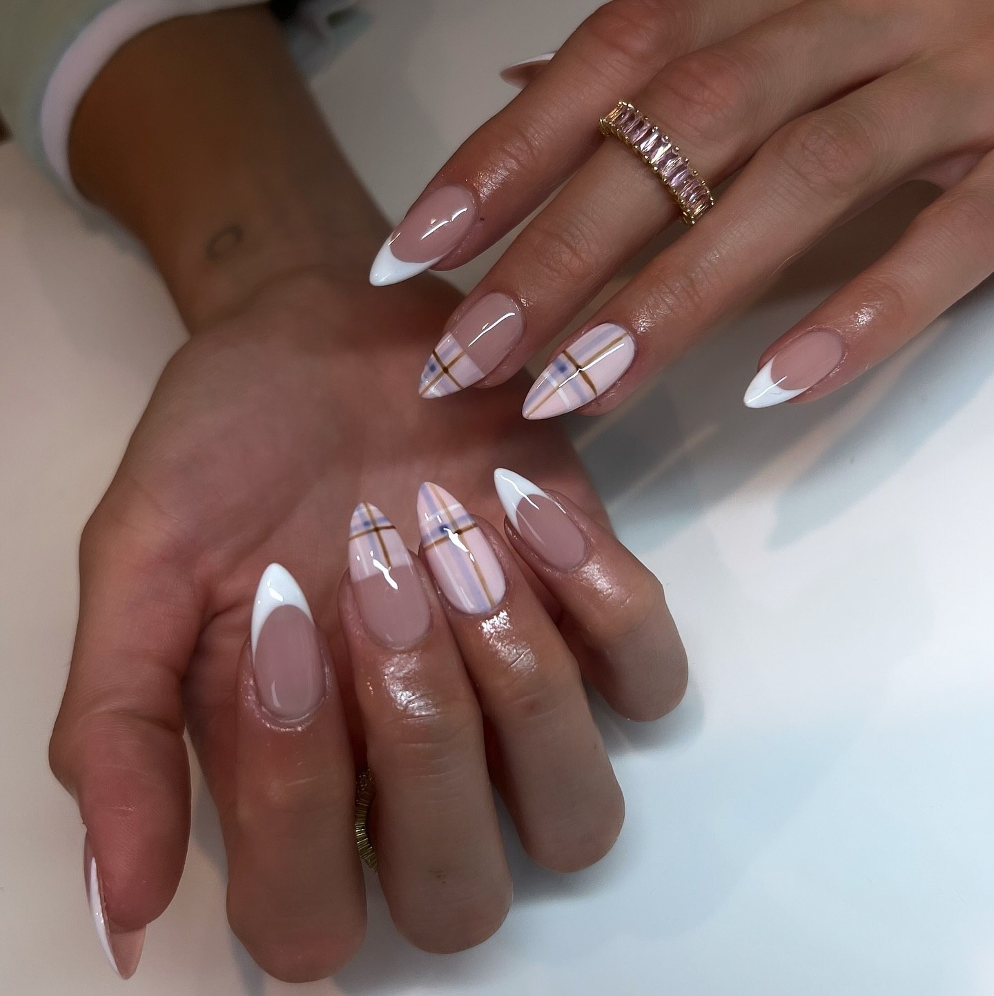 Pastel Plaid Almond French Tip Nails