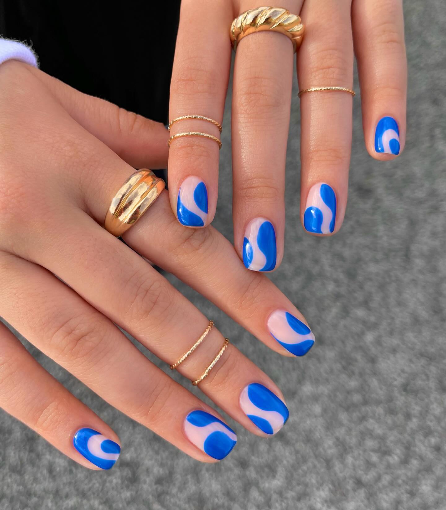 Abstract Swirl Blue and Nude Short Nails