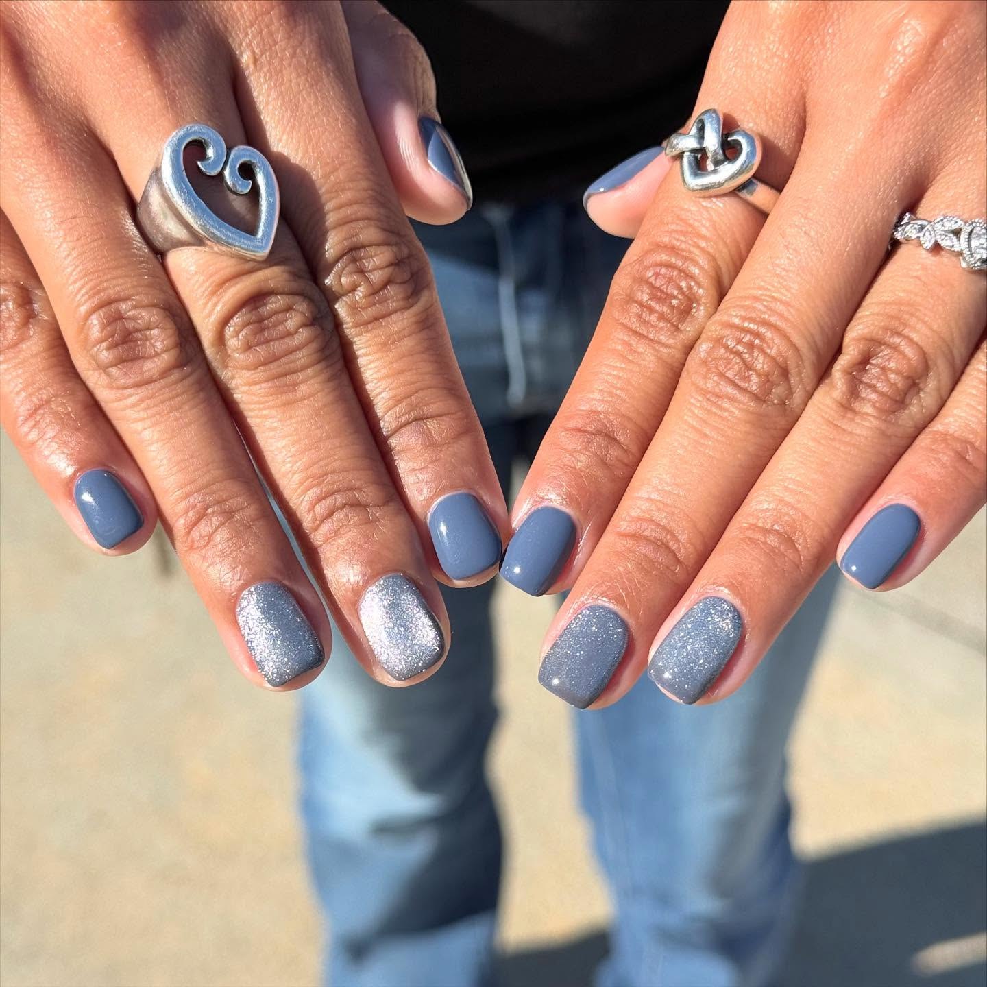 Slate Blue Mismatched Glitter Nails