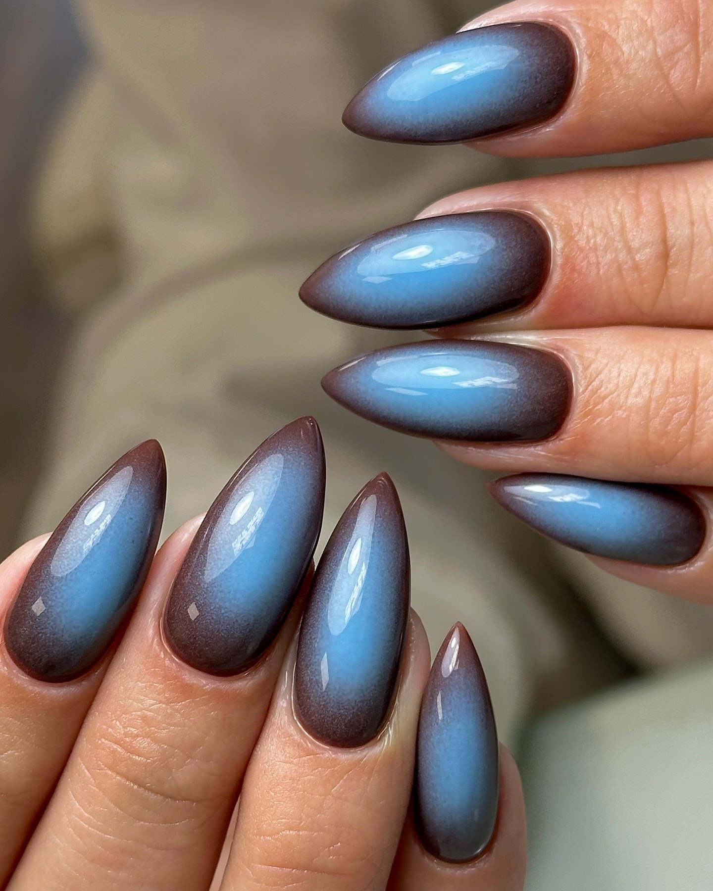 Gradient Blue And Brown Almond Nails
