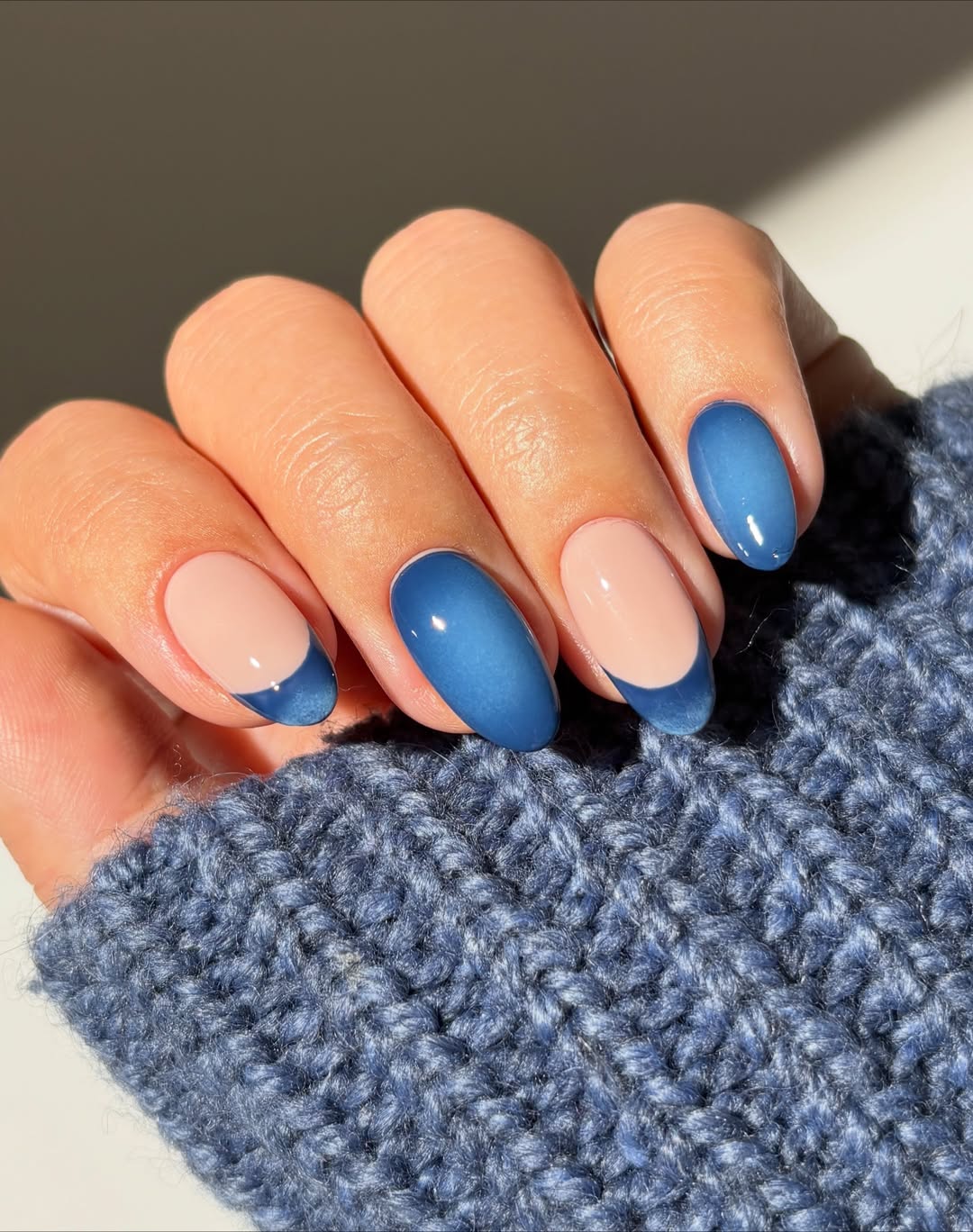 Deep Blue Matte French Almond Nails